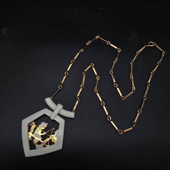 Vintage Fishing Scene Pendant Necklace Gold Tone White Enamel - Picture 7 of 8